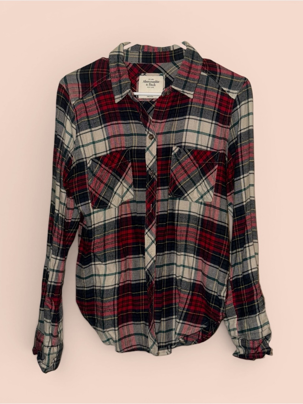 Abercrombie & Fitch Red Black Cream Plaid Shirt with Chest Pockets